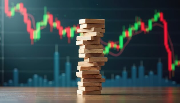 Wooden block tower stands on table against blurred stock market chart. Concept of financial risk, instability, and trading danger. Precarious balance of equity investment.