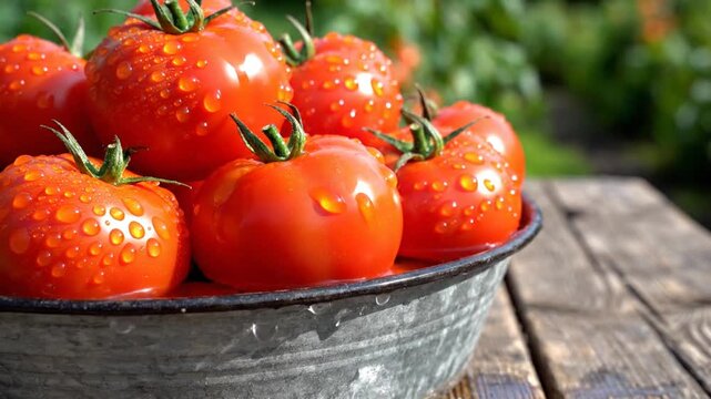 Fresh wet tomatoes in galvanized bowl on rustic wooden table