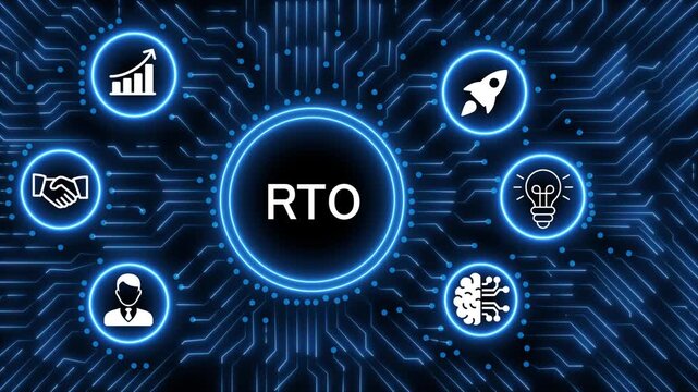 A glowing neon  RTO icon surrounded by smaller icons for ai and manufacturing process management all connected in a digital circuit like pattern, manufacturing planning, manufacturing strategy. 4k 