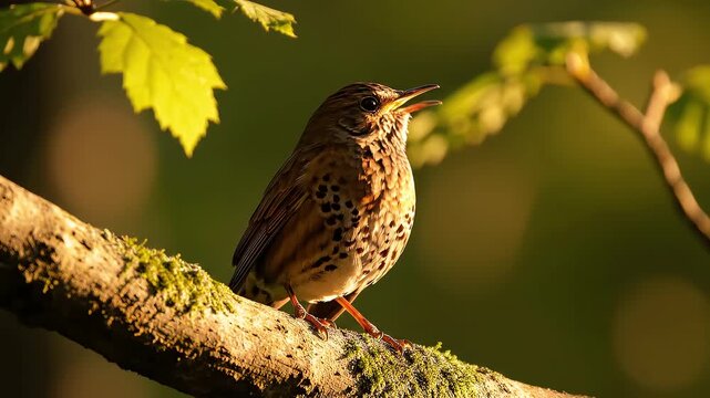 Songbird singing perched on sunlit branch