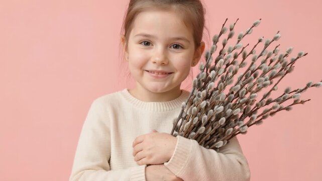 Cute little girl holding bouquet of pussy willow branches. Smiling child with spring flowers on pink background