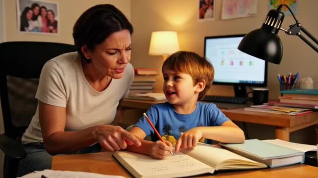 A young caring mother helps child with homework at table in cozy home evening study moment. AI