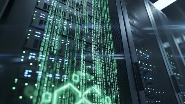 Analyzing a Data Center Scene with Server Racks and Green Binary Light Patterns