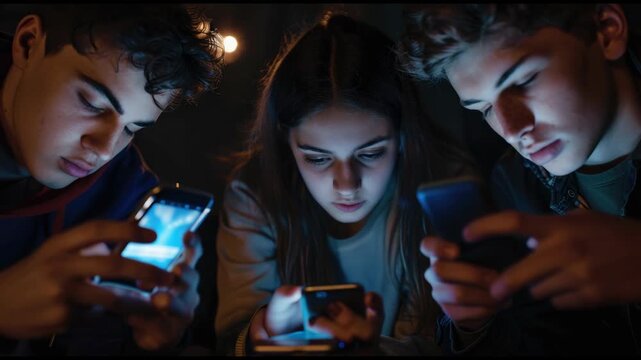 Three people are looking at their cell phones. One of the phones is a Nokia. The other two phones are Samsung