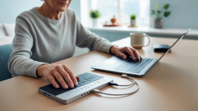 Elderly person using a braille notetaker device and laptop, highlighting technology aiding visually impaired individuals.