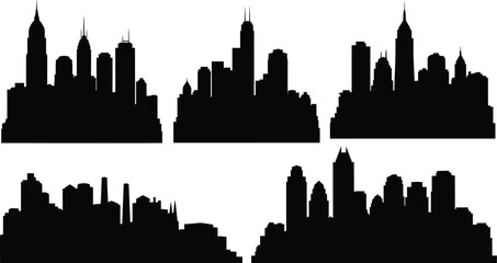 Obraz premium Collection of five professional office and business vector icons, black silhouettes of computer monitor, stapler, briefcase, file folder, and light bulb isolated on white.
