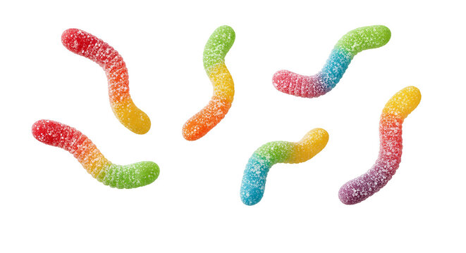 Falling Sour Gummy Worms PNG. Sweet neon sugar coated jelly candies floating isolated. Delicious bright fun chewy snack treat and cheerful dessert