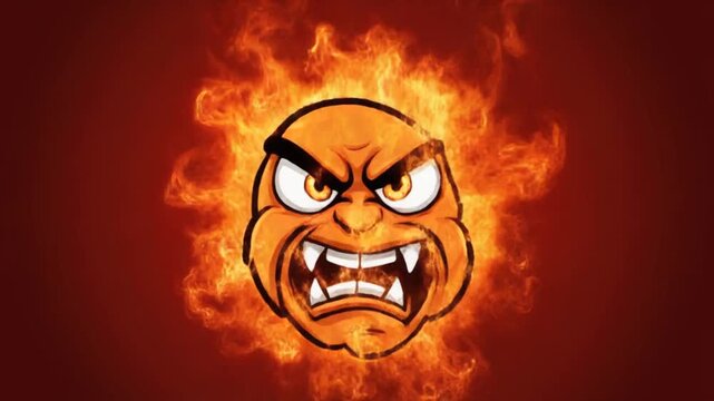 Angry cartoon fireball with flames, aggressive expression, on dark red background, possibly for web or graphic design use