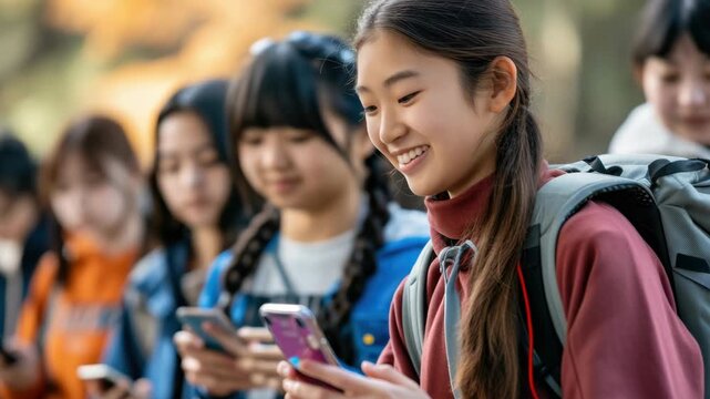 A joyful young woman with long dark hair and a backpack is smiling while using her cell phone amidst a crowd of fellow students who are also engaged with their devices.