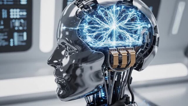 Ultra-realistic 3D video showing the installation of the AI ​​"brain" in an advanced robot, detailed close-up of the neural processor being fitted into the metallic cranial structure, microchips and m
