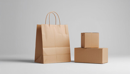 単色背景で動きのある紙袋と段ボールのリユース写真
