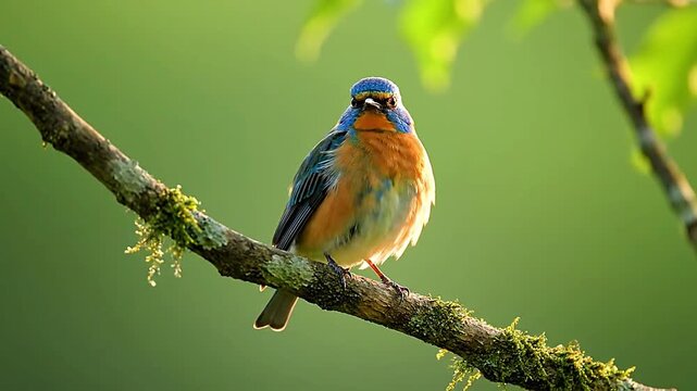 Wild bird preening feathers on perch in calm natural setting