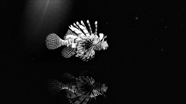 A single fish swims underwater against a black background, with reflection visible below it
