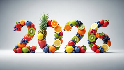 Obraz premium Fresh fruits arranged to form the year 2025