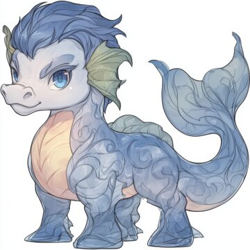 Charming chibi water horse character illustration with flowing blue mane and tail