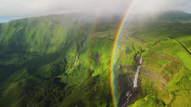 Incredible rainbows over an amazing waterfall in Flores, Portugal