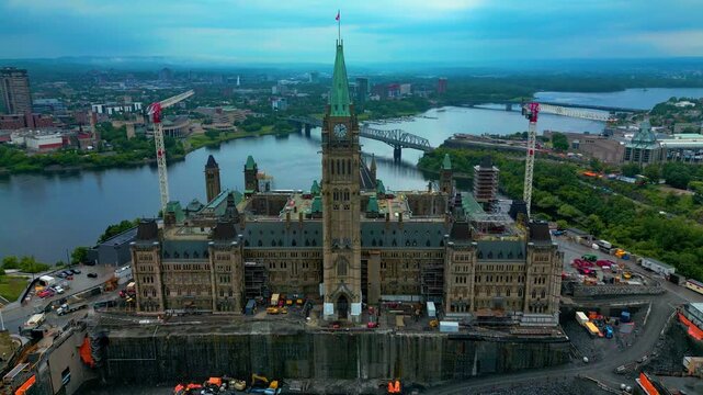 Construction of the Parliament Hill Ottawa Canada Twilight Flyover Tourist Welcome Center involving deep excavations, drone footage, and 4k aerial views 1-3