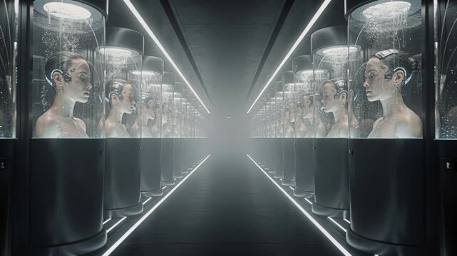 Clinical setting featuring suspended subjects and subtle diagnostic screens