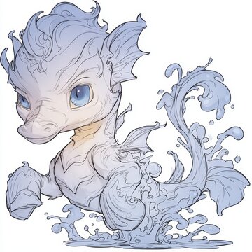 Charming chibi water horse mythical creature illustration with flowing blue water elements