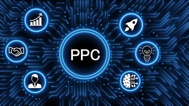 A glowing neon  PPC icon surrounded by smaller icons for ai and manufacturing process management all connected in a digital circuit like pattern, manufacturing planning, manufacturing strategy. 4k 
