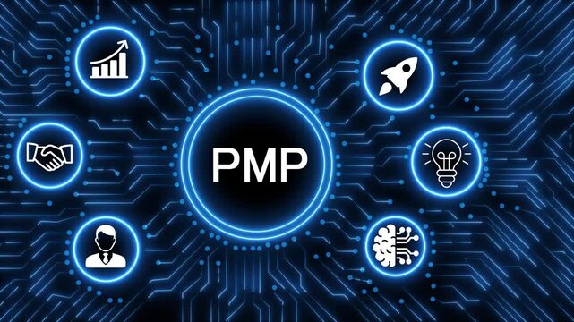 A glowing neon  PMP icon surrounded by smaller icons for ai and manufacturing process management all connected in a digital circuit like pattern, manufacturing planning, manufacturing strategy. 4k 