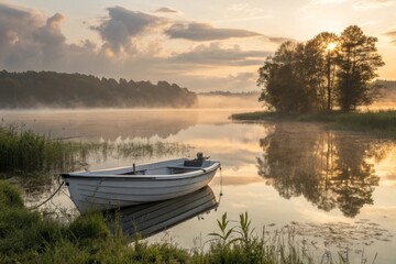 Serene Morning Landscape with Boat on Still Water at Sunrise
