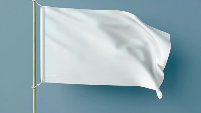 The shows a white flag with gold fringe blowing in the wind against a blue sky backdrop.