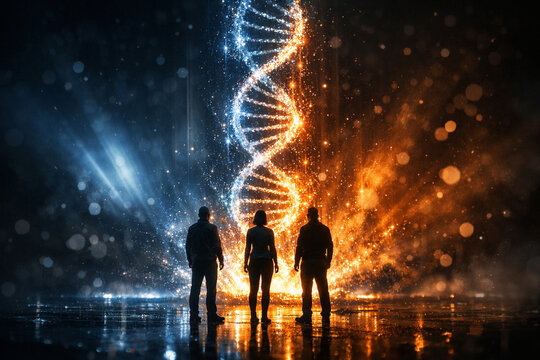 Glowing double helix of light divides cool blue and warm orange energy while three silhouetted people stand on reflective wet ground, awe and wonder in futuristic science scene