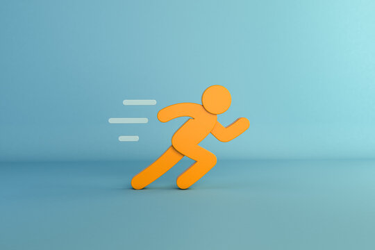 3D Illustration of an orange running figure with motion lines on blue background