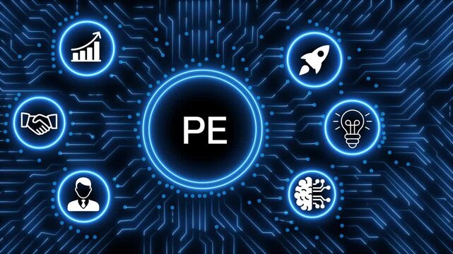 A glowing neon  PE icon surrounded by smaller icons for ai and manufacturing process management all connected in a digital circuit like pattern, manufacturing planning, manufacturing strategy. 4k 