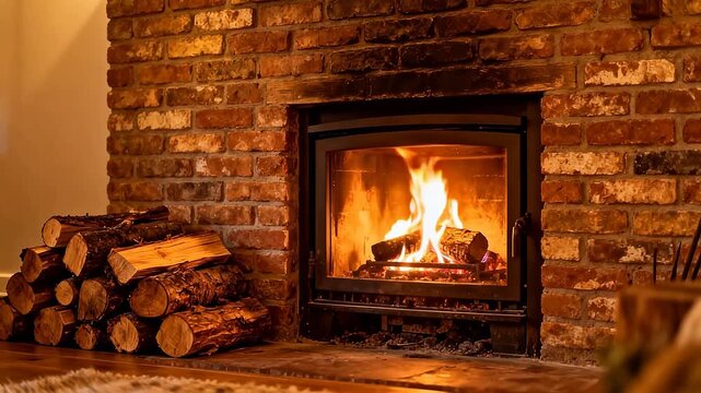 Brick fireplace with burning logs