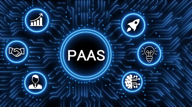A glowing neon  PAAS icon surrounded by smaller icons for ai and manufacturing process management all connected in a digital circuit like pattern, manufacturing planning, manufacturing strategy. 4k 