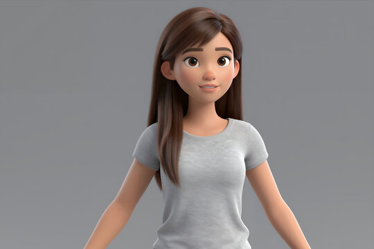 3d Animated Female Character with Long Brown Hair Wearing a Plain Gray T-Shirt Standing Against Neutral Background for Digital Illustration or Game Asset Use