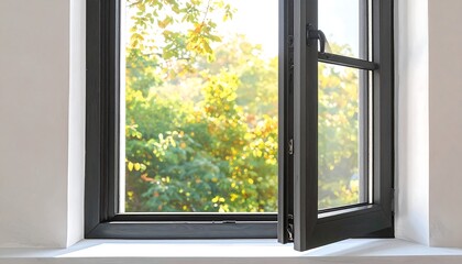 Open window, sunlight streams through, showing autumn leaves and trees