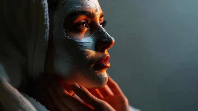 Close-up of woman's face with mud mask, blurred background suggests spa setting.