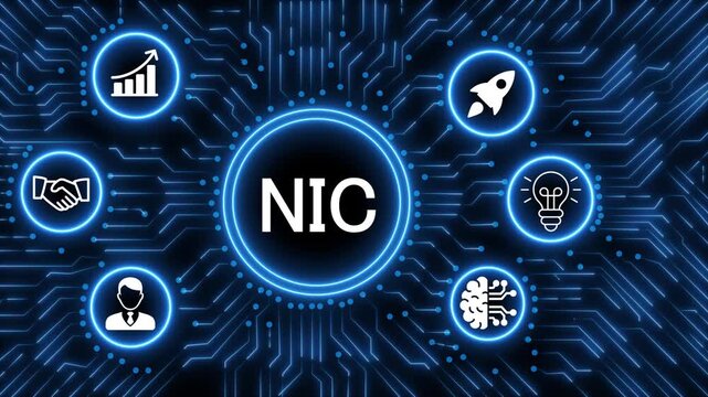 A glowing neon  NIC icon surrounded by smaller icons for ai and manufacturing process management all connected in a digital circuit like pattern, manufacturing planning, manufacturing strategy. 4k 