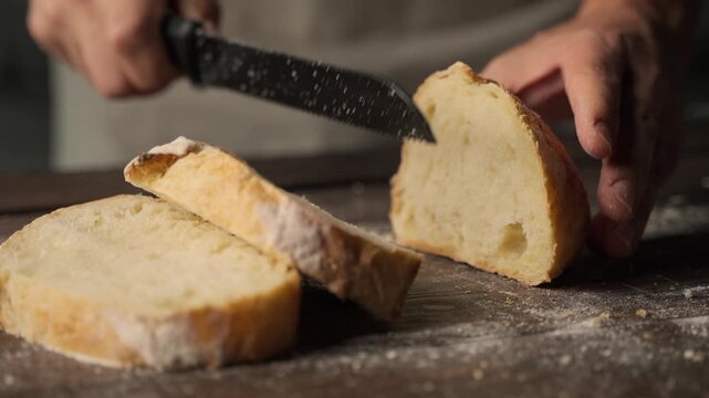 Baker hands slicing fresh artisan sourdough bread on a rustic wooden cutting board with flour