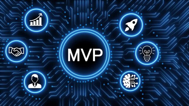 A glowing neon  MVP icon surrounded by smaller icons for ai and manufacturing process management all connected in a digital circuit like pattern, manufacturing planning, manufacturing strategy. 4k 