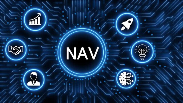 A glowing neon  nav icon surrounded by smaller icons for ai and manufacturing process management all connected in a digital circuit like pattern, manufacturing planning, manufacturing strategy. 4k 