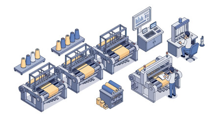 Textile Manufacturing Process with Automated Machinery and Workers.