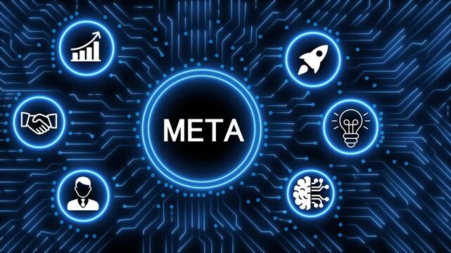 A glowing neon  META icon surrounded by smaller icons for ai and manufacturing process management all connected in a digital circuit like pattern, manufacturing planning, manufacturing strategy. 4k 