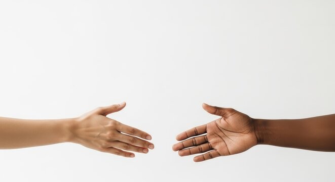 Two hands reaching out to each other on a white background.