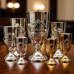 Collection of engraved metal goblets featuring mountain peaks and inscribed word on a polished surface