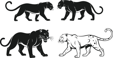 Black Panther and Spotted Leopard Silhouettes Set, Collection of Flat Big Cat Icons Walking and Growling, Vector Illustration for Safari, © Robiul