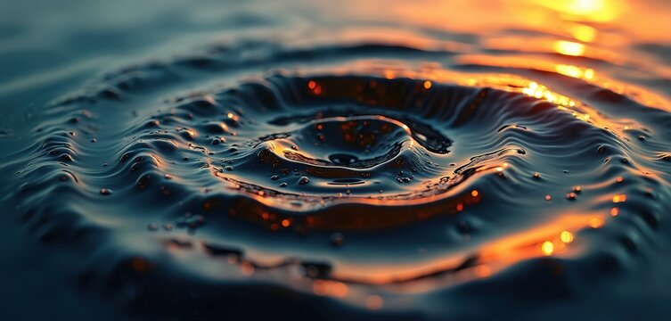 Dark water surface with swirling ripple and orange sunset reflection. Abstract macro view shows movement and reflection creating hypnotic pattern. Bubbles form on the fluid.
