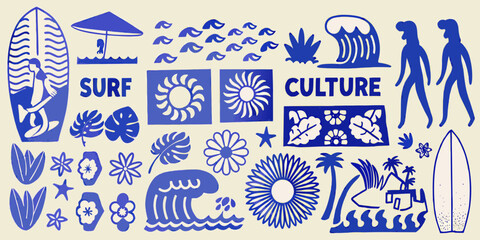 Stylized blue and white illustration of surf culture elements © Juran