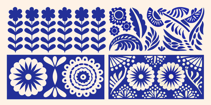 Blue and white floral folk art pattern with repeating botanical motifs