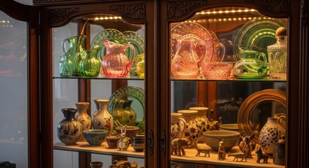 Collection of vintage dishes and decorative items in an antique display cabinet. Decorative furniture for home interior and decor.
