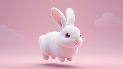 Fototapeta premium Cute White Bunny Floating in Soft Pink Sky with Fluffy Clouds, 3d Rendered Pastel Illustration for Children'S Content or Spring Celebration Design