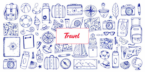 Hand drawn collection of travel themed items and accessories © Juran